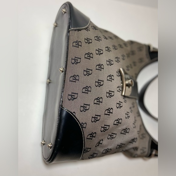Dooney & Bourke Buckle Bucket Handbag Purse Lock Monogram Signature Black Grey. - Picture 6 of 16